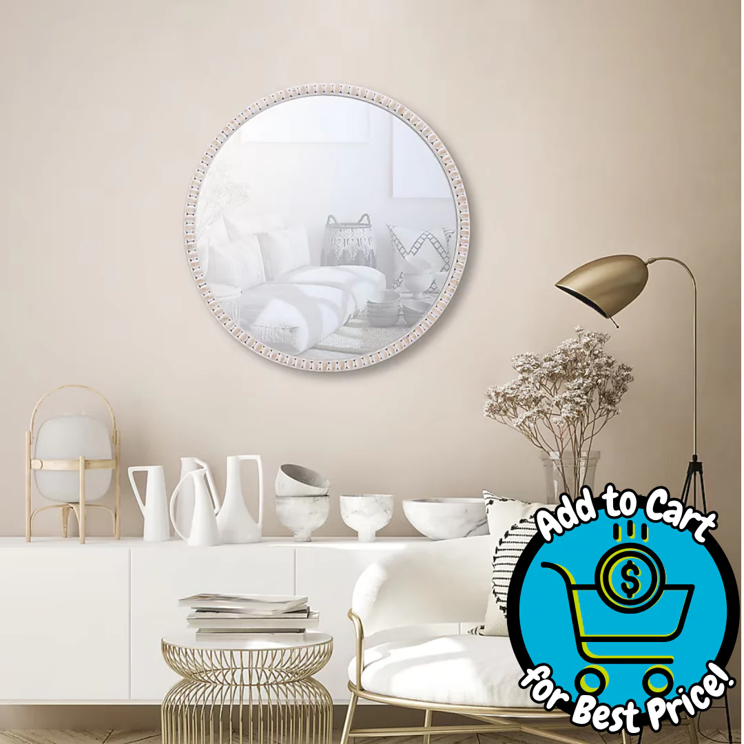 allen + roth 30" Round White Wash Framed Wall Mirror