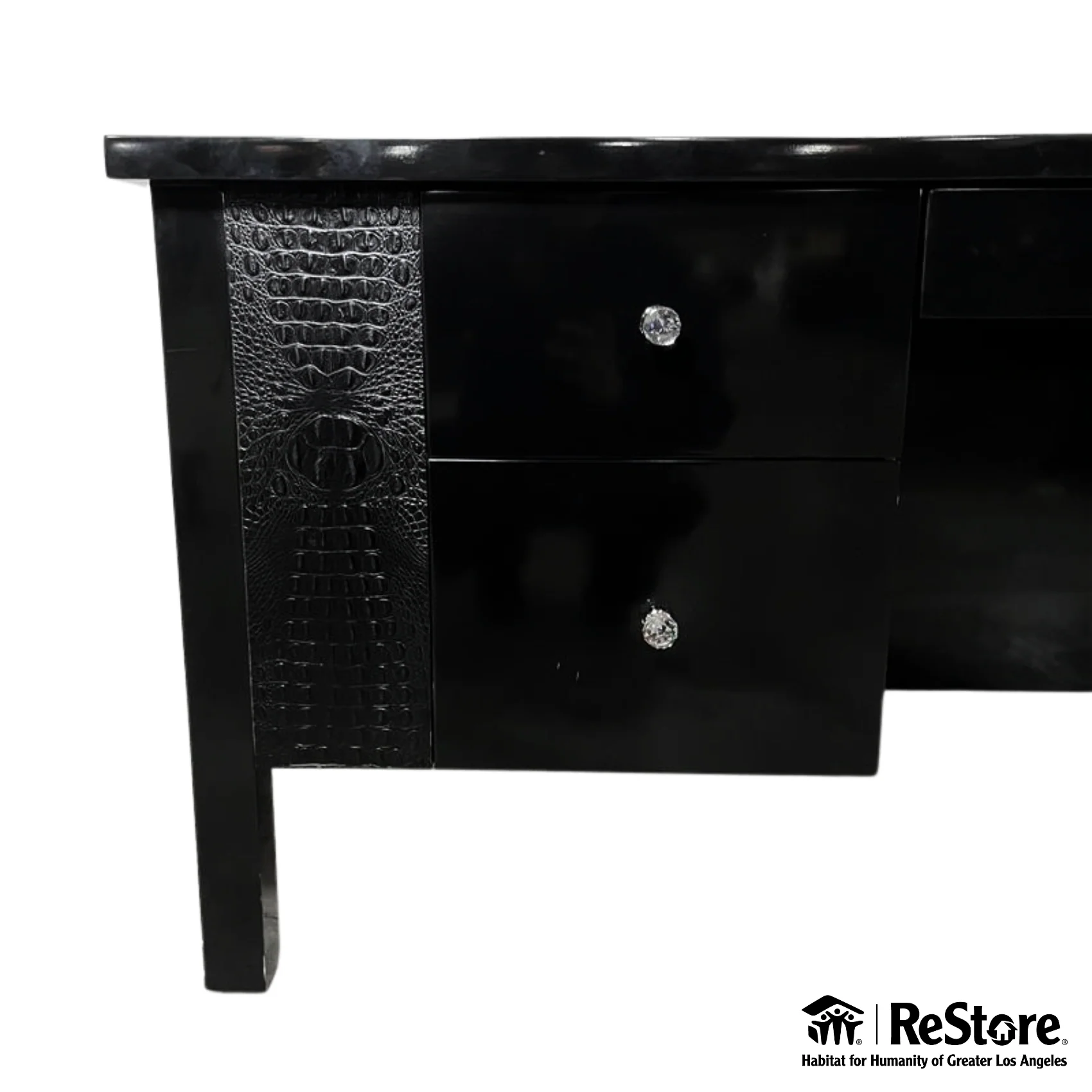 Black Lacquer Executive Desk with Crocodile Leather and Crystal Drawer Pulls - Image 3