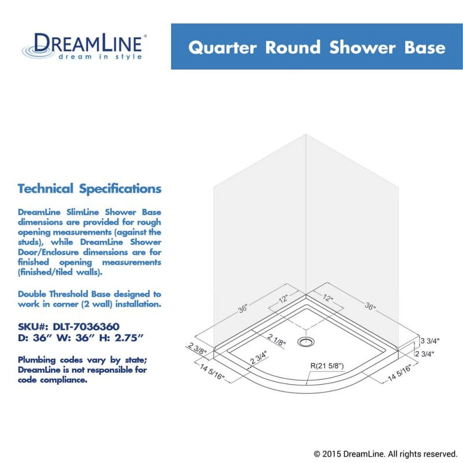 DreamLine SlimLine 36 x 36 Quarter Round Shower Floor, Corner - Image 3