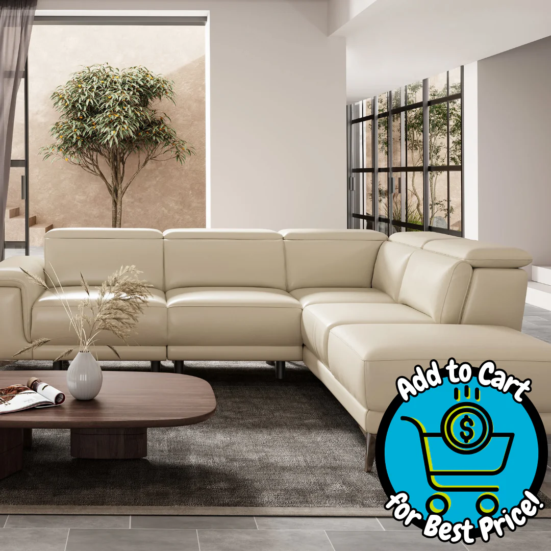 Valencia Pista Modern Top Grain Leather Reclining Sectional Sofa with Right-Hand Facing Chaise, Beige