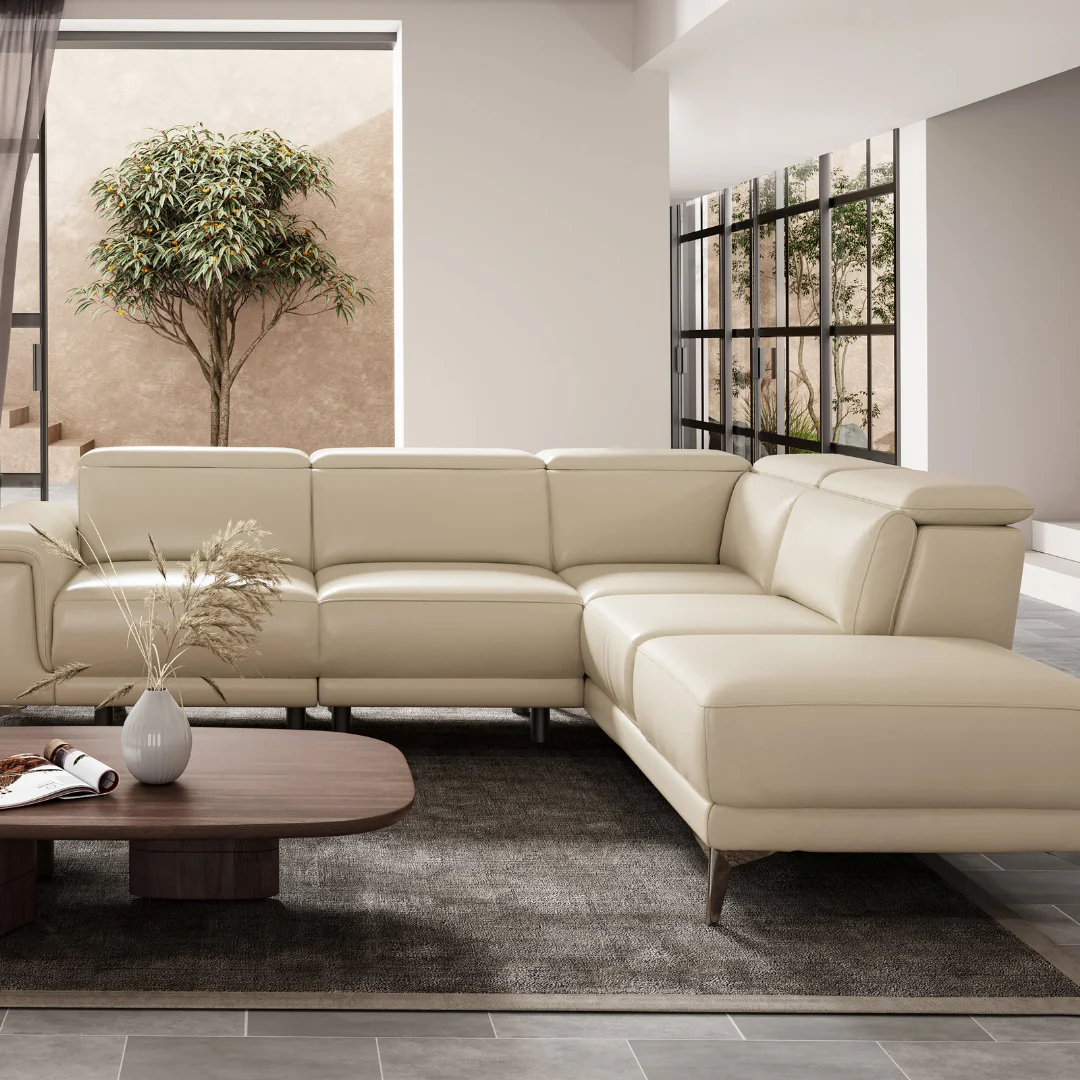 Valencia Pista Modern Top Grain Leather Reclining Sectional Sofa with Right-Hand Facing Chaise, Beige - Image 2
