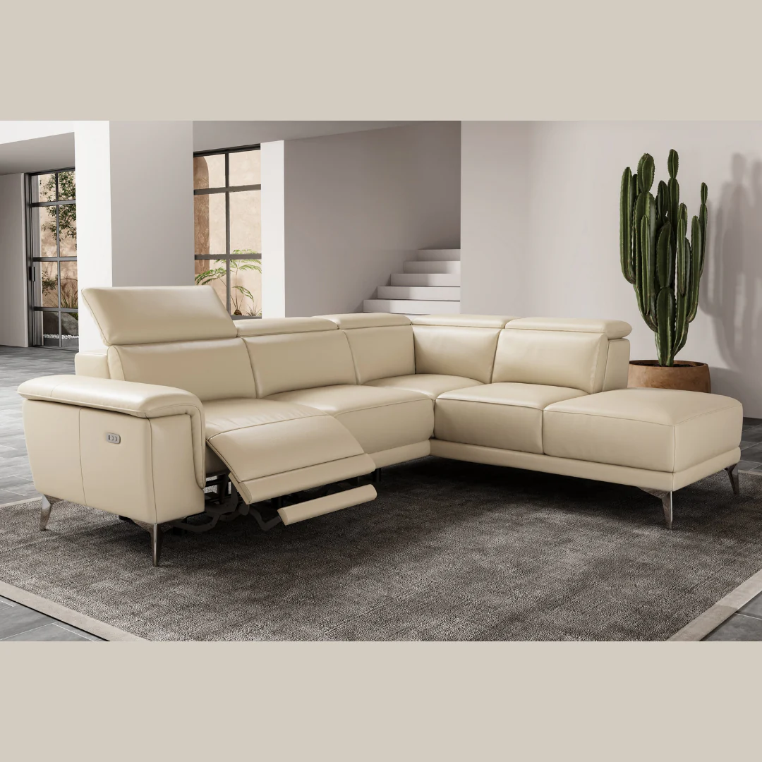 Valencia Pista Modern Top Grain Leather Reclining Sectional Sofa with Right-Hand Facing Chaise, Beige - Image 3