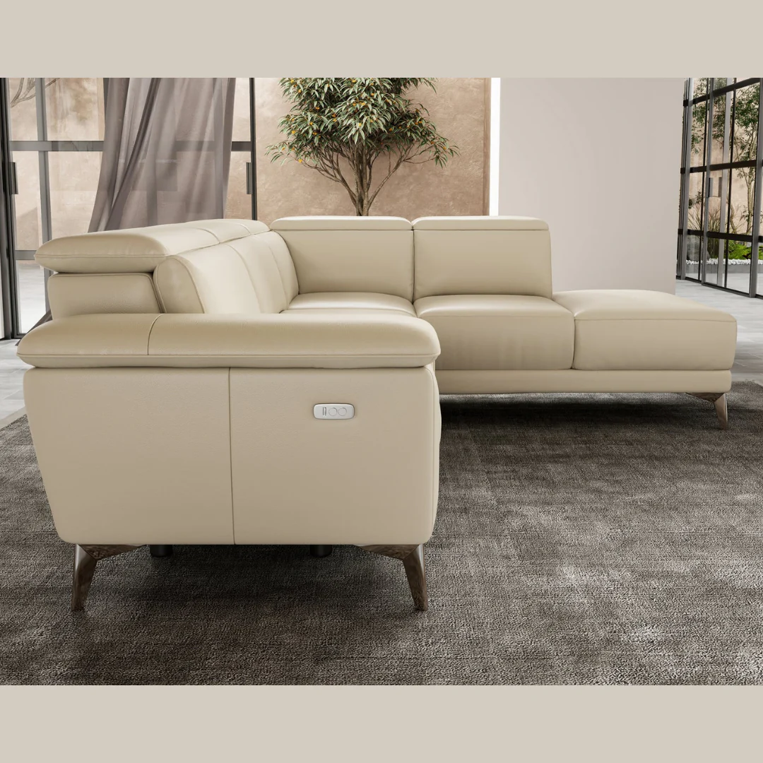 Valencia Pista Modern Top Grain Leather Reclining Sectional Sofa with Right-Hand Facing Chaise, Beige - Image 4