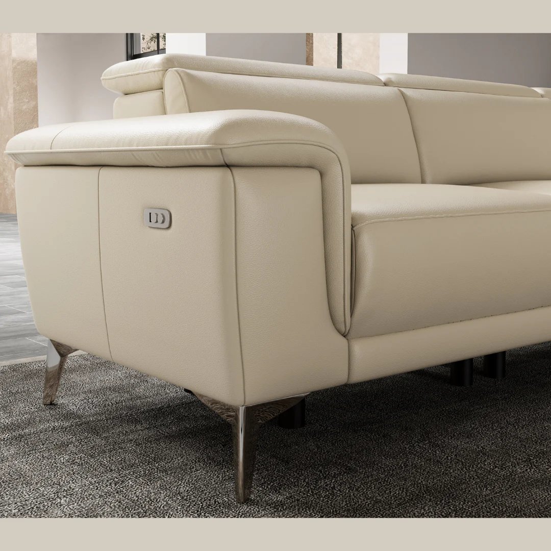 Valencia Pista Modern Top Grain Leather Reclining Sectional Sofa with Right-Hand Facing Chaise, Beige - Image 6